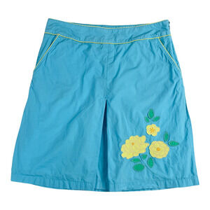 🍀 LL Bean Size 10 Blue Cotton A-line Skirt with Floral Embroidery